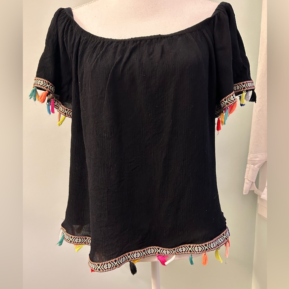 Black Off-Shoulder Tassel Trim Women's Top